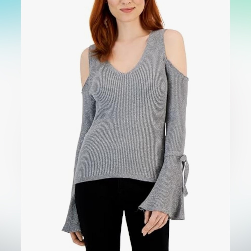 Macy’s I.N.C. International Concepts Women's Cold-Shoulder V-Neck Sweater Silver